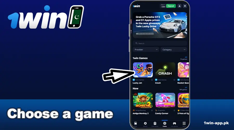 Select a game on the 1win PK app