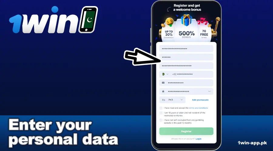 Enter your details in 1win App PK