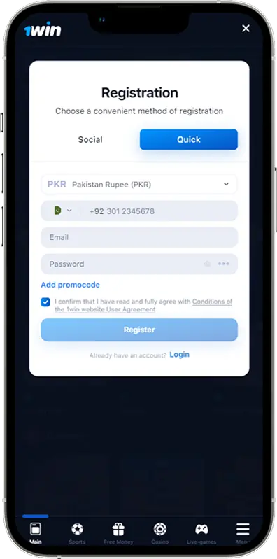 Screenshot of 1win App PK registration page
